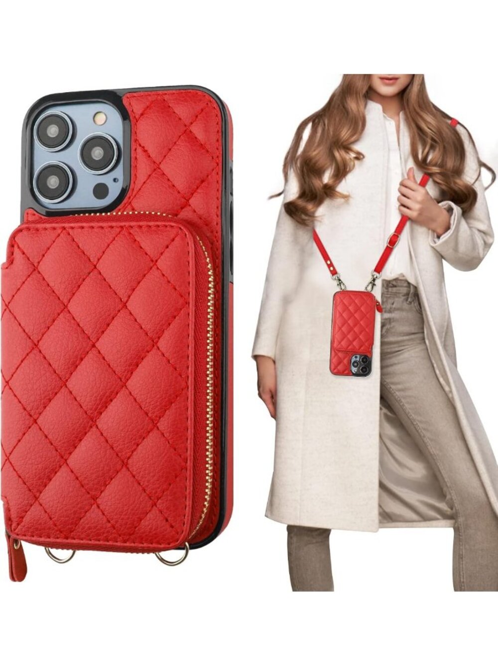 Stylish Red Crossbody Wallet Case & Card Holder for iPhone 14 Pro Max